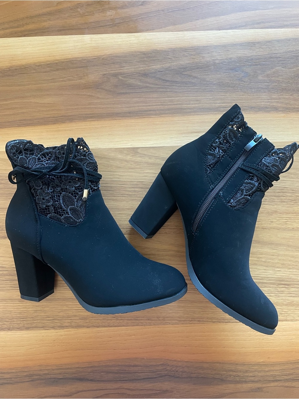 VENUS Black Lace Trim Block Heel Ankle Boots